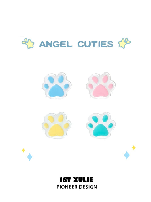Colorful angel cat paw print earrings in blue, pink, and yellow for adorable pet lovers