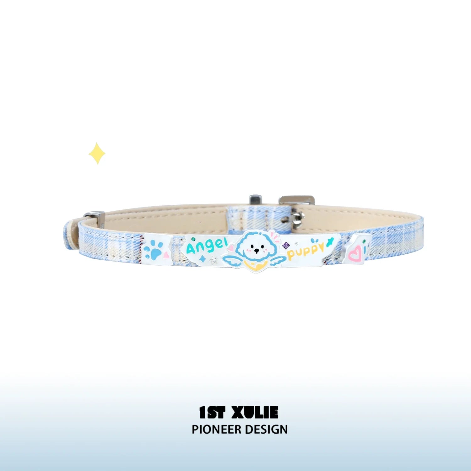 Angel cat puppy necklace design featuring colorful illustrations of an angel and puppy on a light blue collar