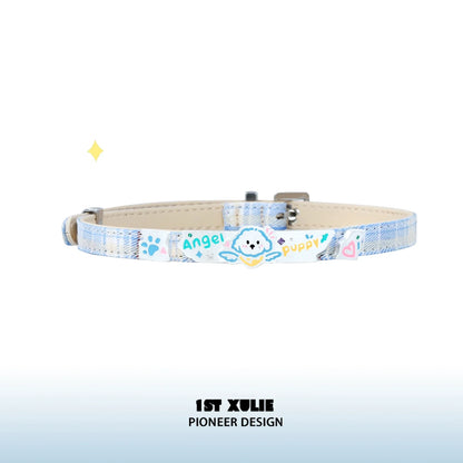 Angel cat puppy necklace design featuring colorful illustrations of an angel and puppy on a light blue collar