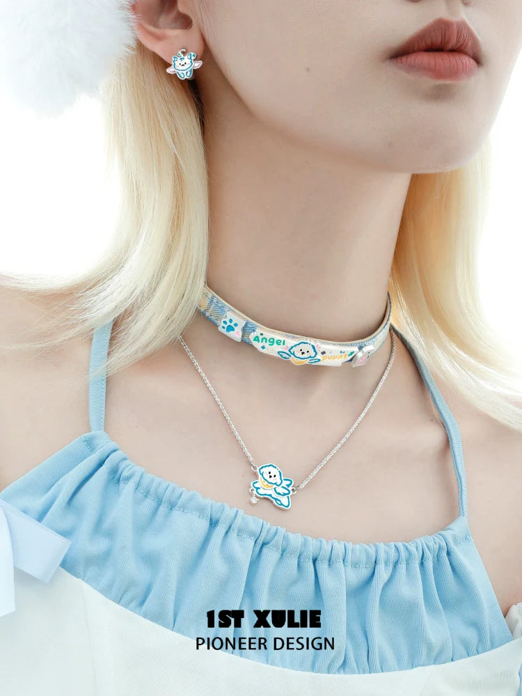 1STXULIE Angel Cat Puppy Necklace in Silver with Cute Cartoon Design for Fashion Lovers
