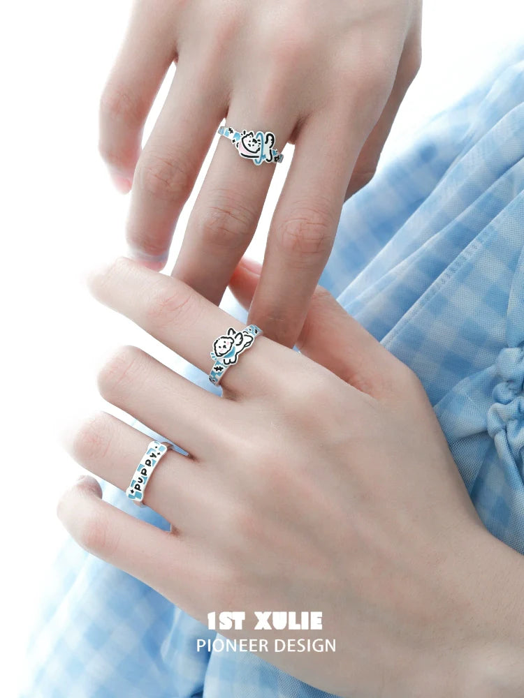1ST XULIE Angel Kitty Puppy Silver Ring with Cute Design on Model's Hands