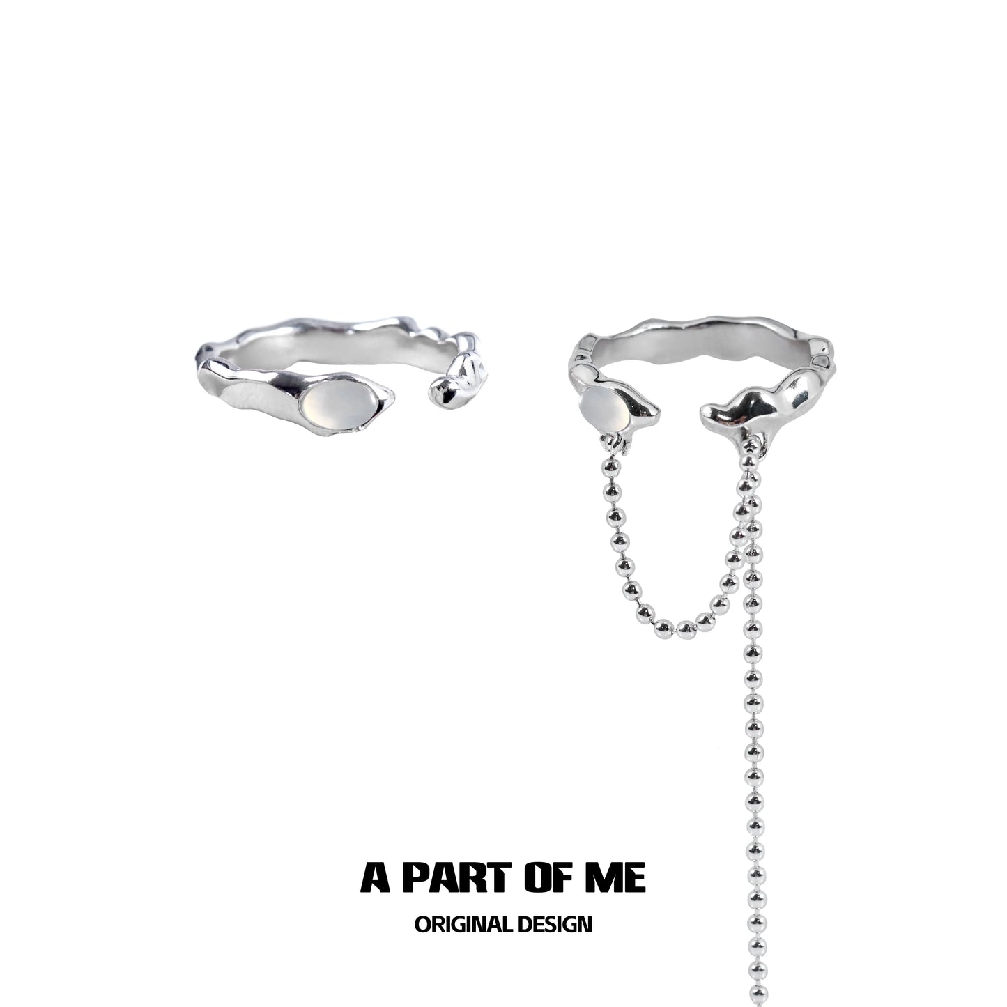 A Part of Me Agate Silver Ring with Unique Wavy Design and Attached Chain Feature