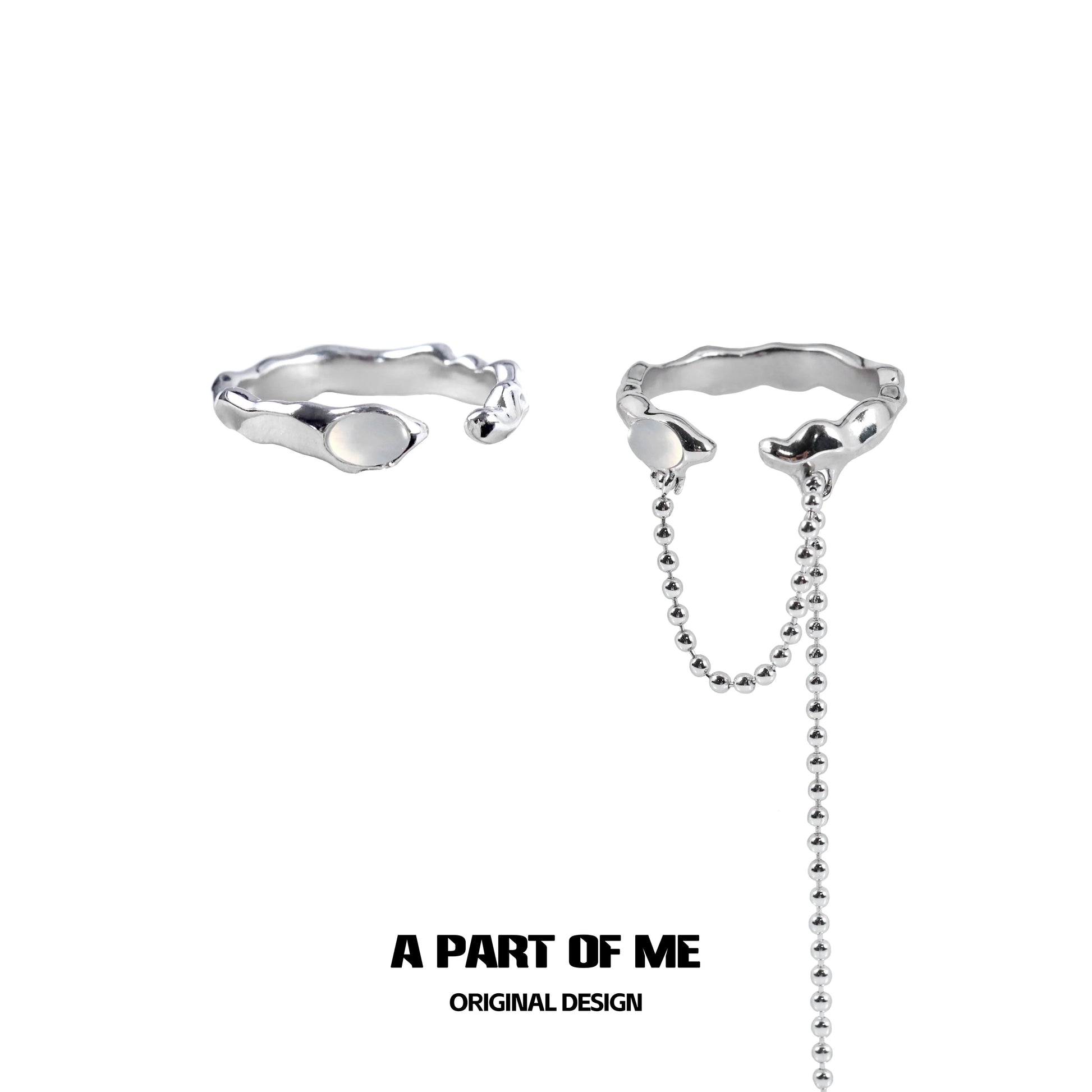 A Part of Me Agate Silver Ring with Unique Wavy Design and Attached Chain Feature