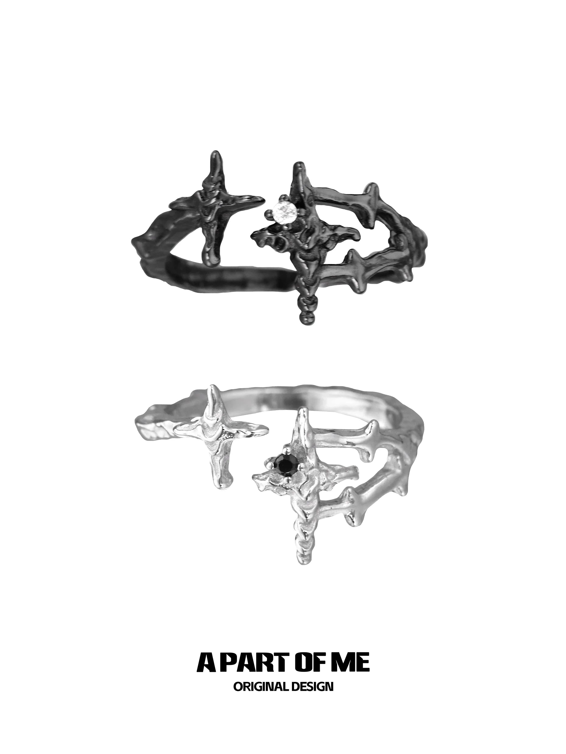 A PART OF ME black and white starlight ring featuring a unique star design and adjustable fit