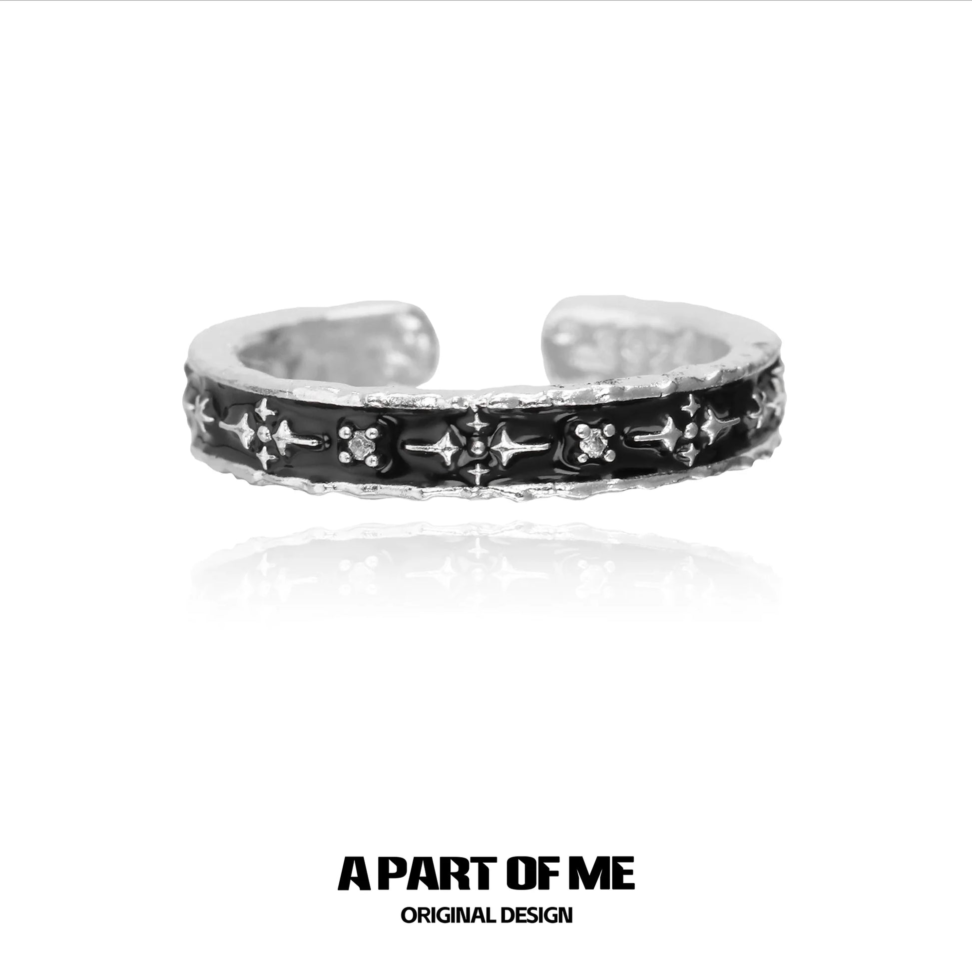A PART OF ME black star cluster ring in silver with intricate design and unique detailing