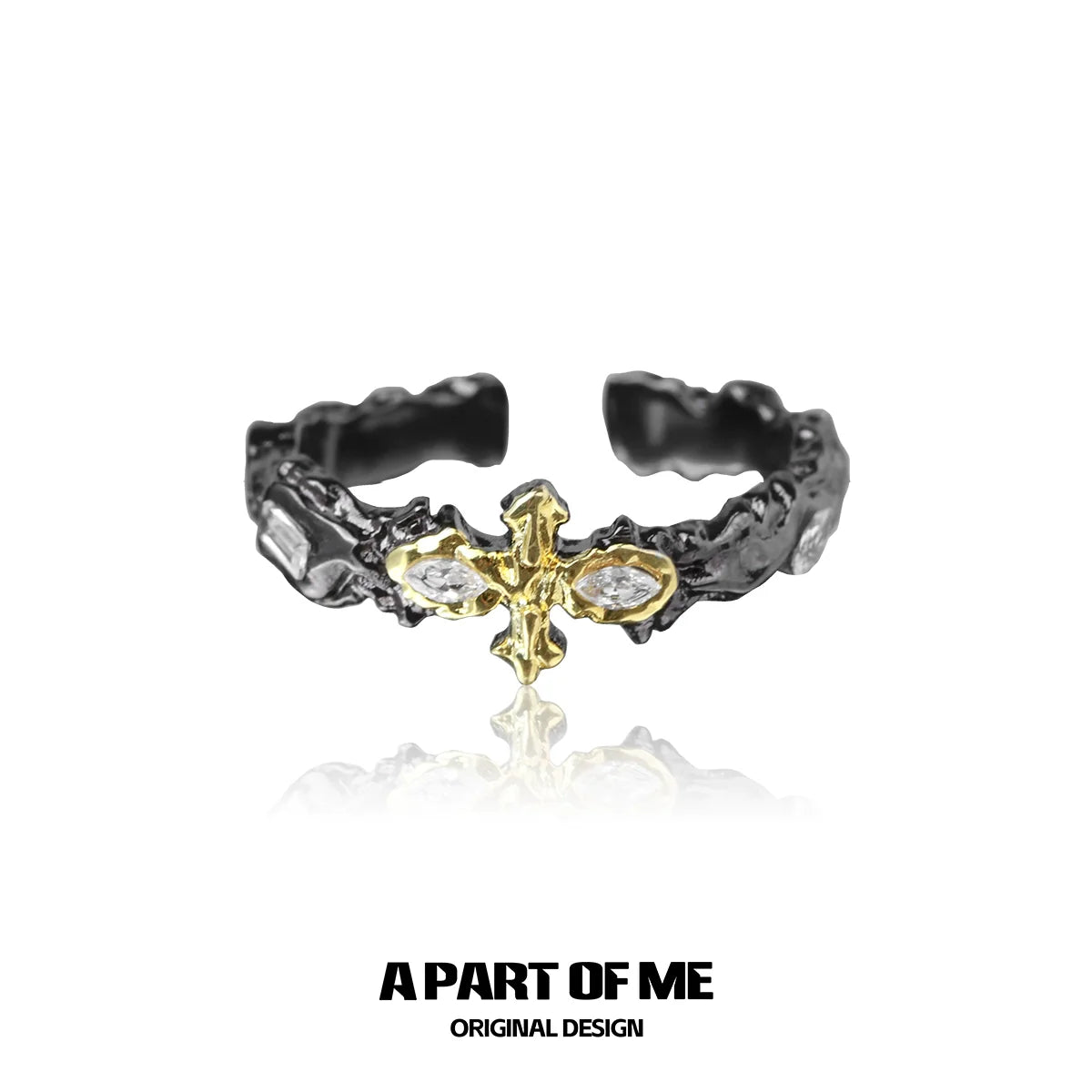 Stylish cross couple rings in black and gold design featuring unique textures and sparkling details