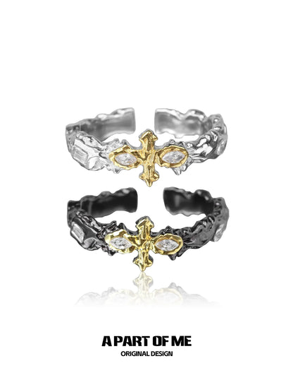 Stylish A PART OF ME cross couple rings with a gold and silver finish featuring unique design elements