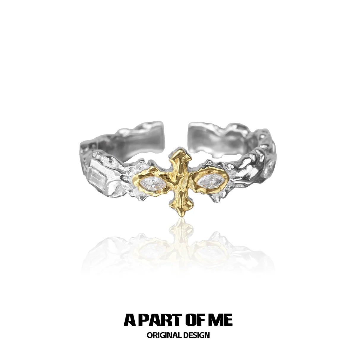 A PART OF ME cross couple rings with a unique textured design and a gold accent cross