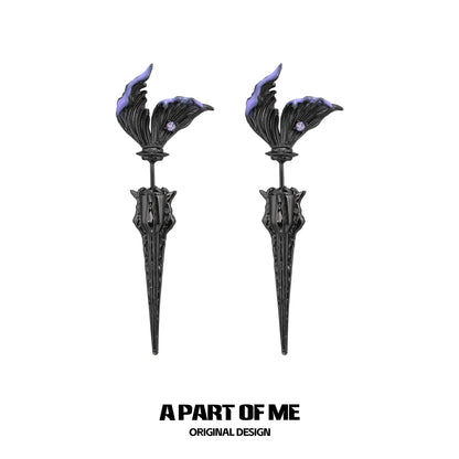 A PART OF ME fishtail dart sword earrings with intricate black and purple design for a bold statement.