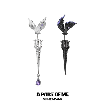 A PART OF ME fishtail dart sword earrings in silver with decorative details and purple accents