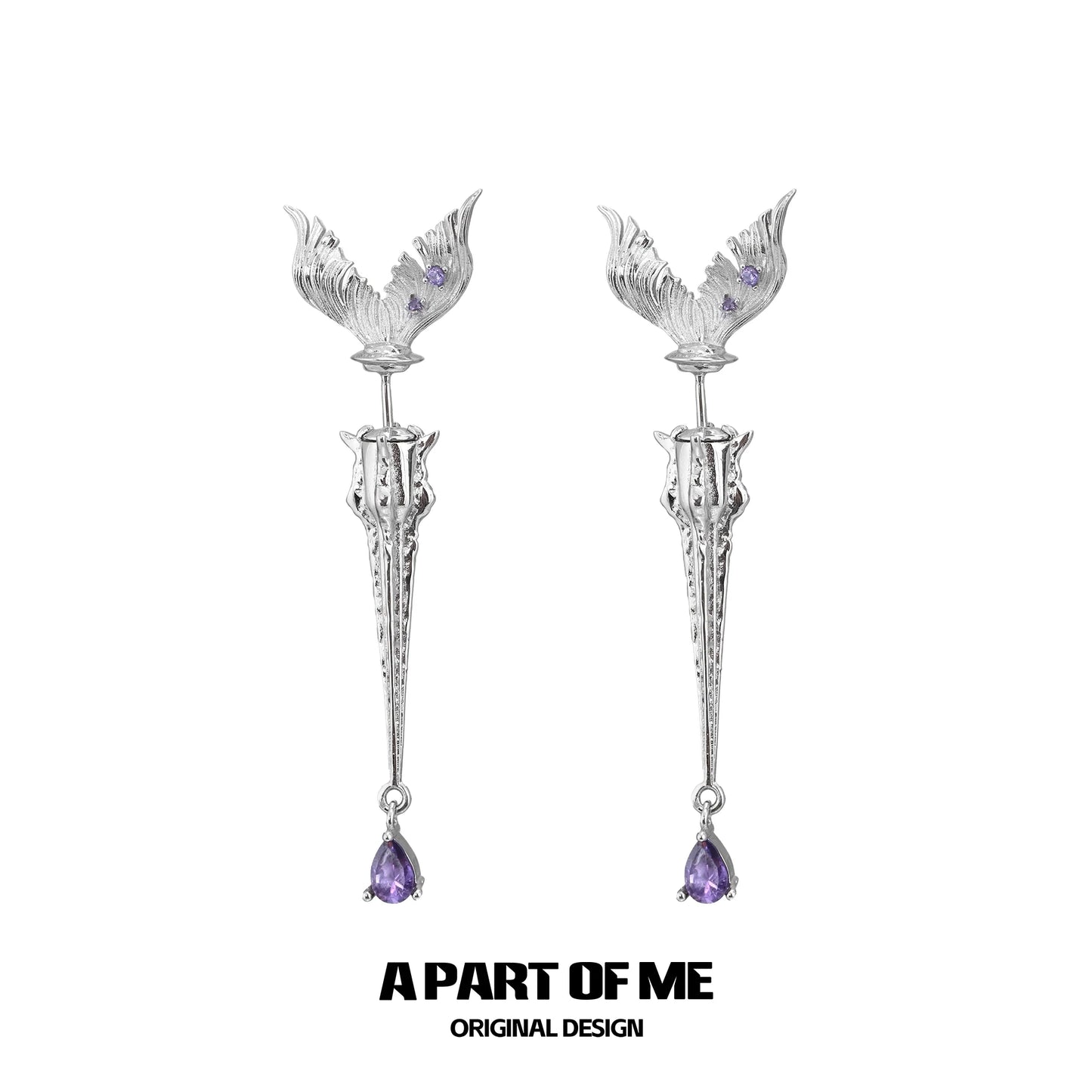 A PART OF ME fishtail dart sword earrings featuring intricate design and amethyst accents