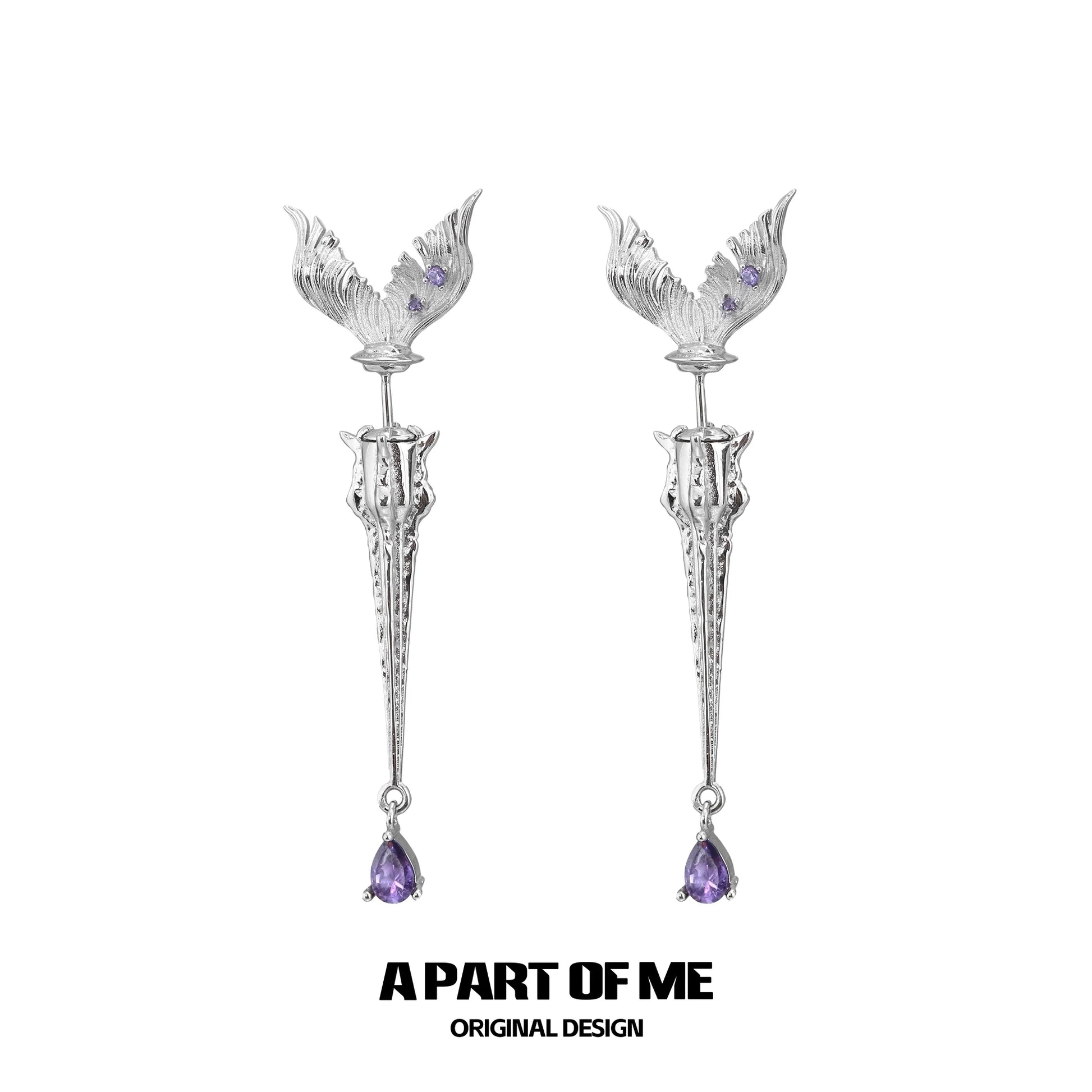A PART OF ME fishtail dart sword earrings featuring intricate design and amethyst accents