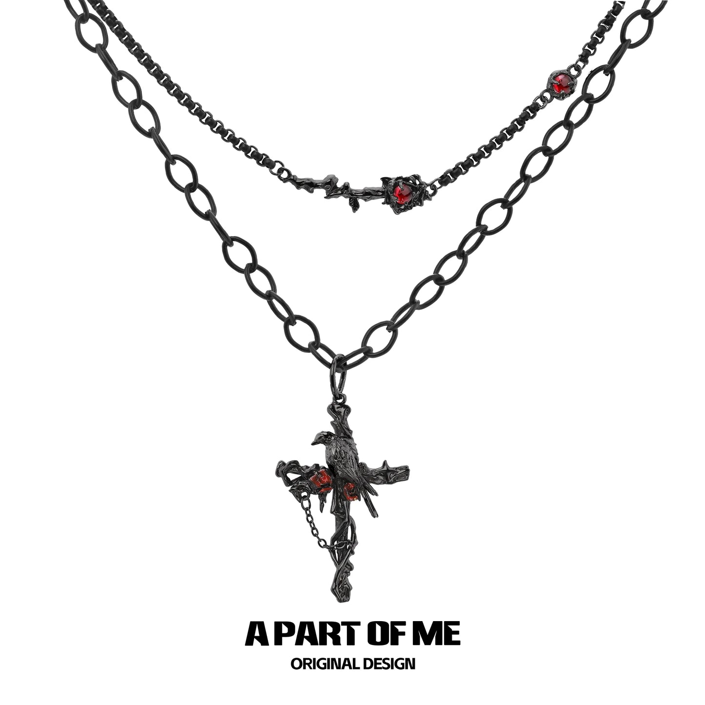 A PART OF ME Gothic Raven Necklace with Black Chains and Dark Red Accents for a Unique Style