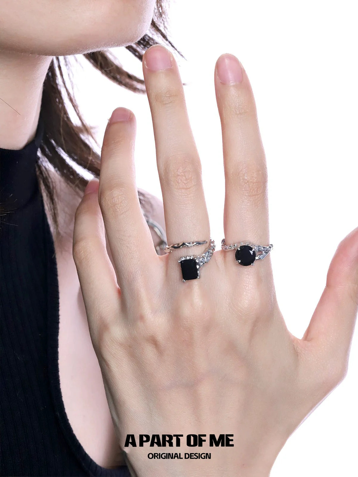 Stylish midnight gem couple rings with elegant black stones and braided silver bands