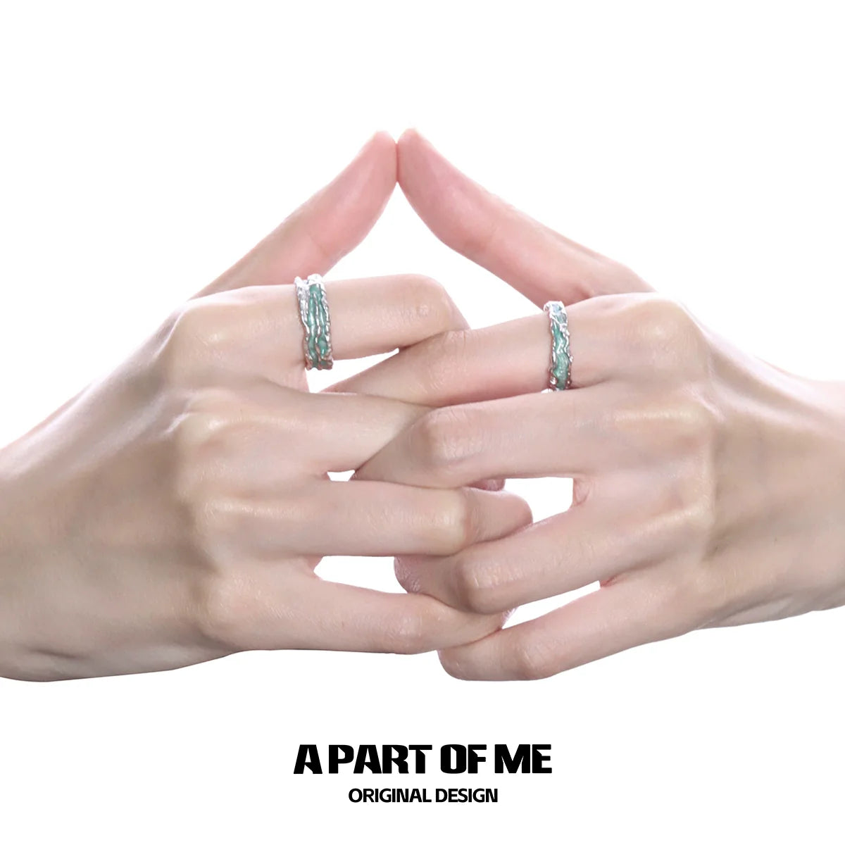 A PART OF ME Mint Silver Ring displayed on elegant hands, showcasing its unique design and craftsmanship