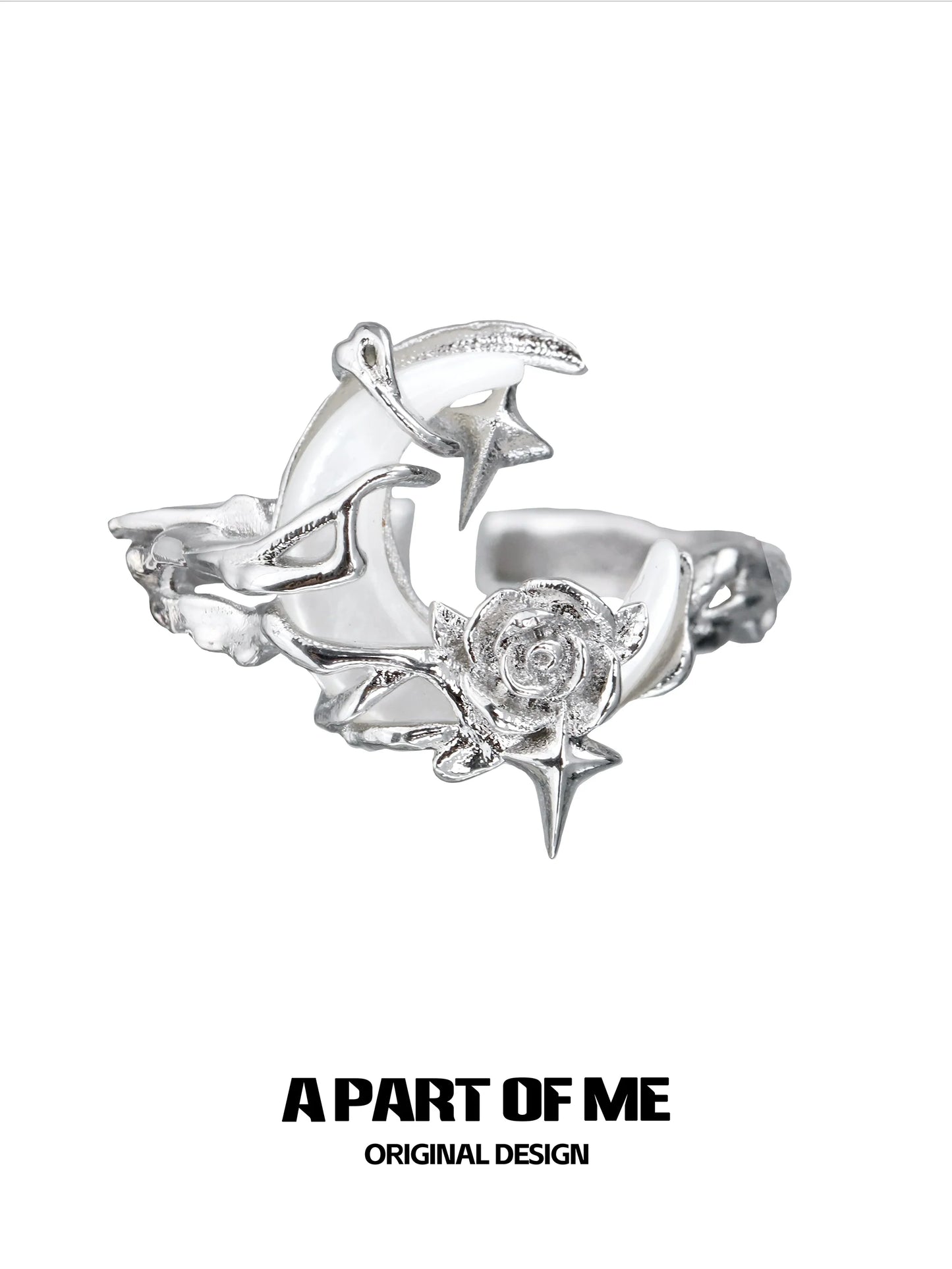 A beautiful moonlight rose silver ring featuring intricate star and rose designs