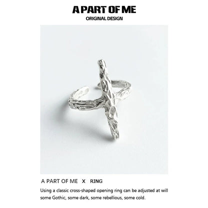 Redemption cross silver ring by A PART OF ME featuring an adjustable design and unique texture.