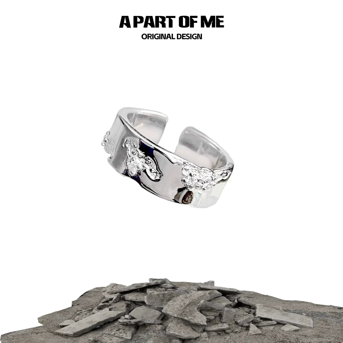 Stylish broken galaxy couple rings in silver design, featuring a unique textured finish