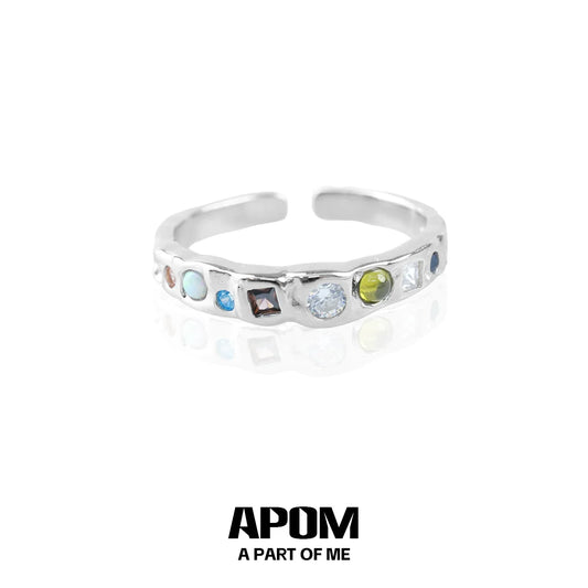 Silver rainbow gemstone ring featuring a variety of colorful stones for a vibrant look