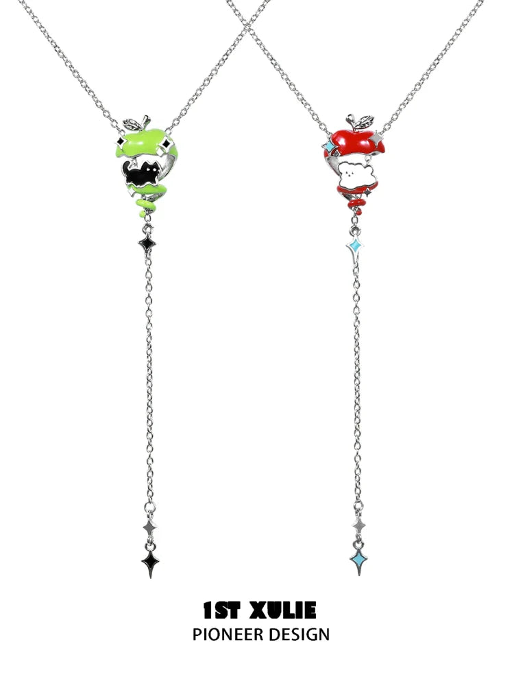 Colorful apple cat dog necklace featuring unique design elements and dangling chains