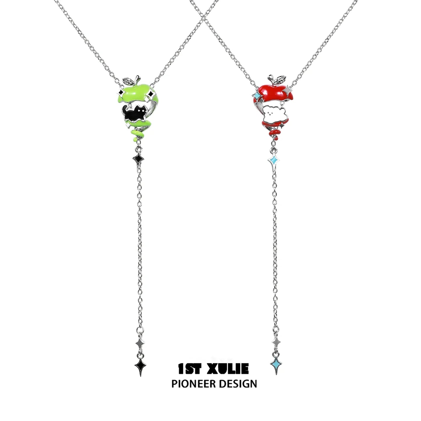 Colorful apple cat dog necklace featuring unique designs with green and red pendants