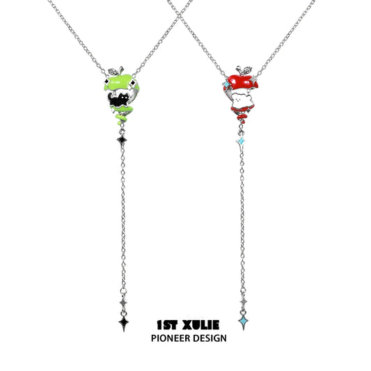 Colorful apple cat dog necklace featuring unique designs with green and red pendants