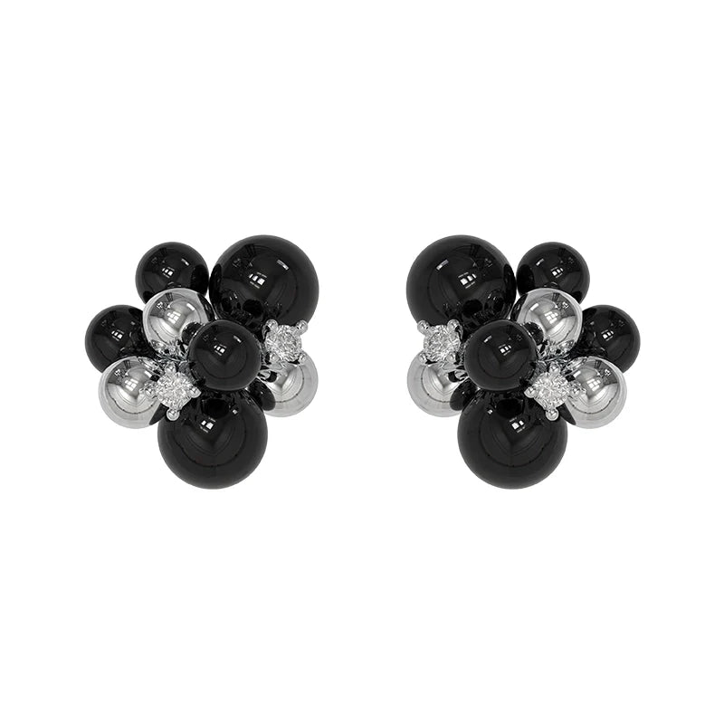 Stylish black agate earrings with silver accents and decorative cluster design