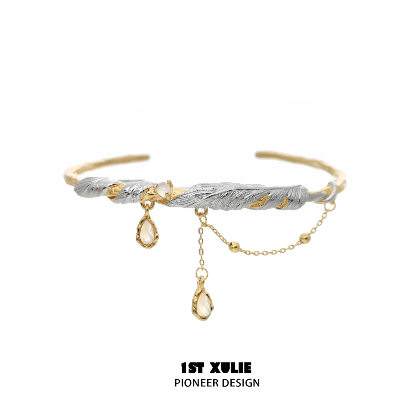 Elegant black and gold feather couple bracelet with a twist design and dangling charms