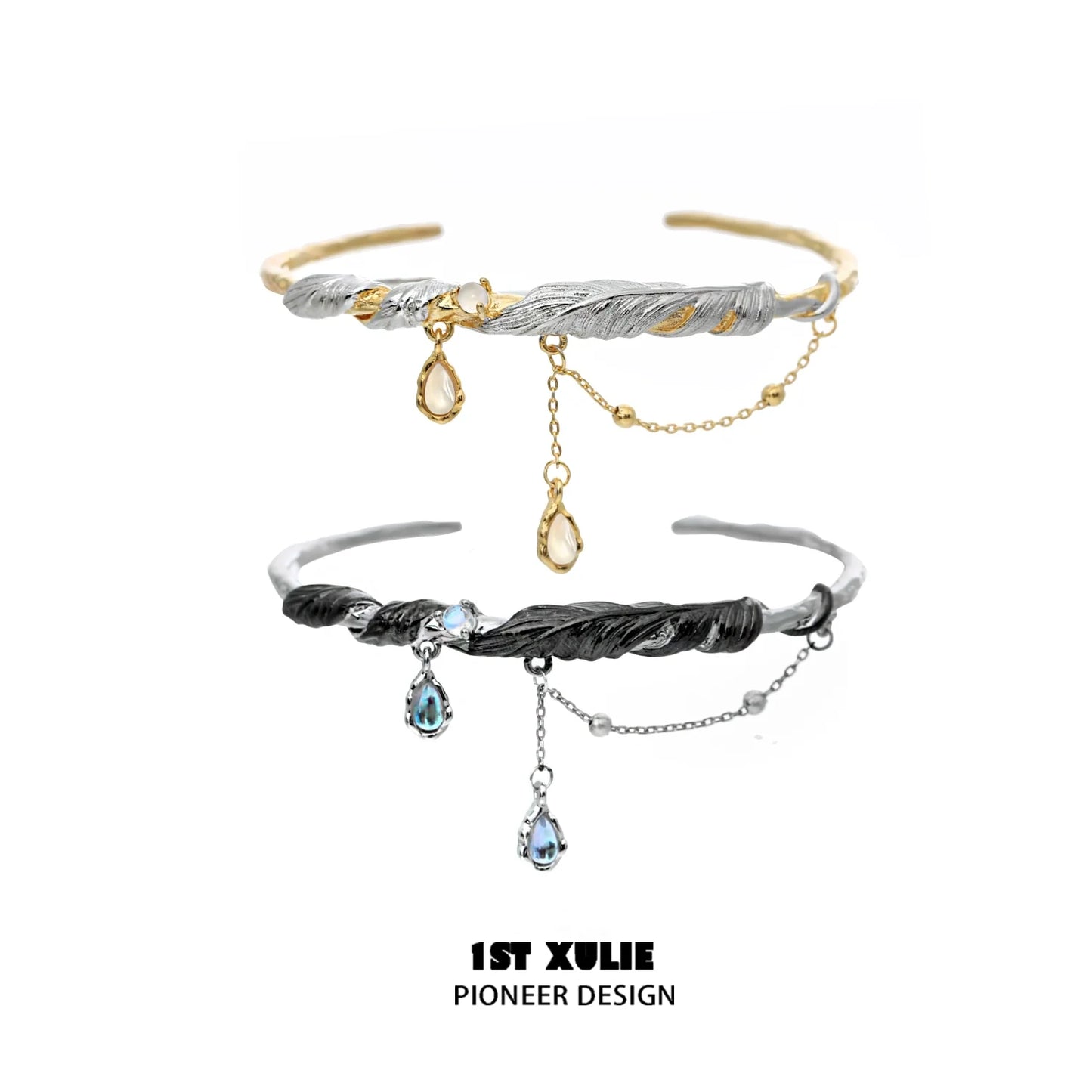 Black and gold feather couple bracelet featuring an elegant twisted design and dangling charms