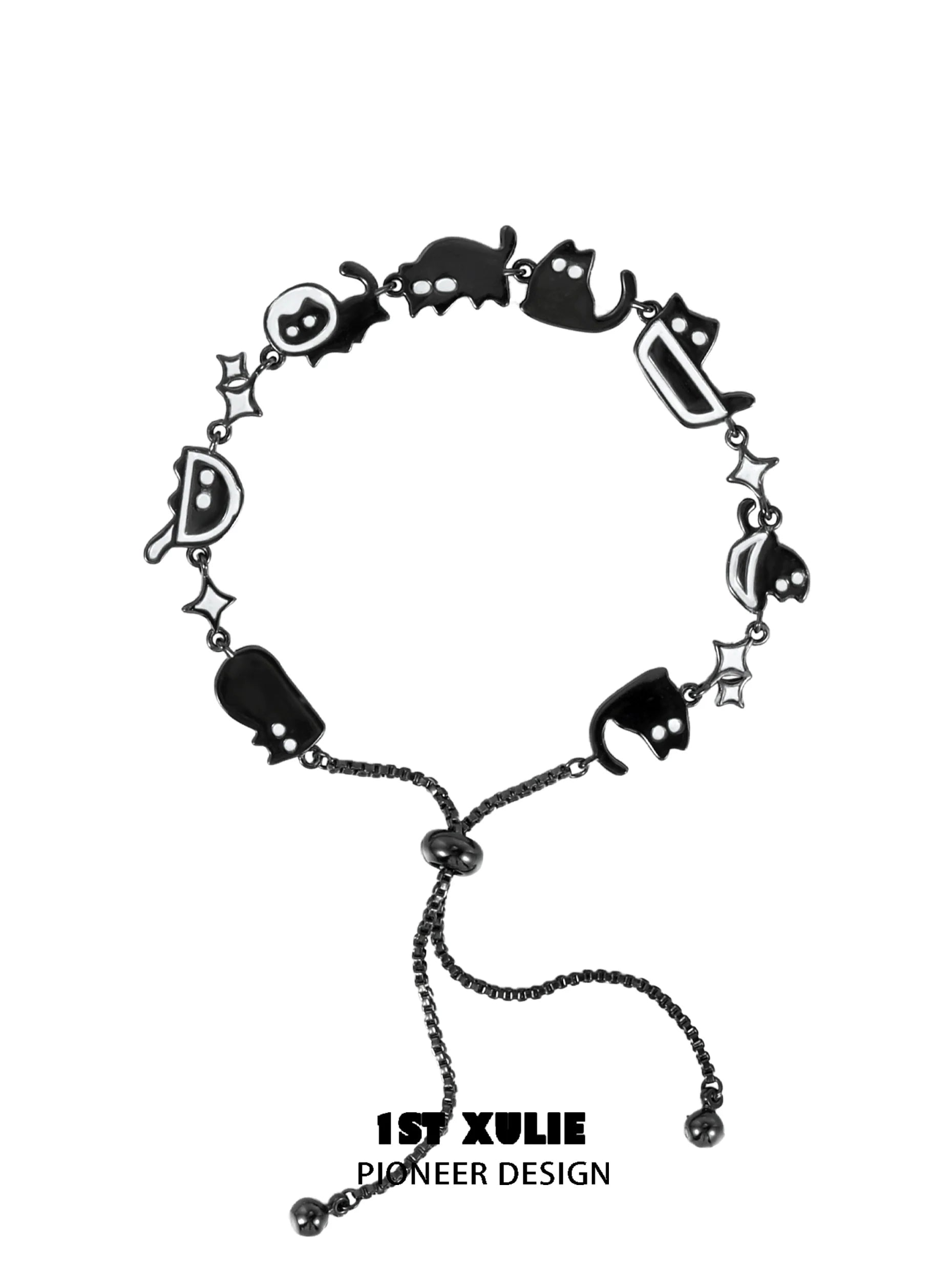 Black cat bracelet with playful cat and ghost charms for cat lovers and fashion enthusiasts
