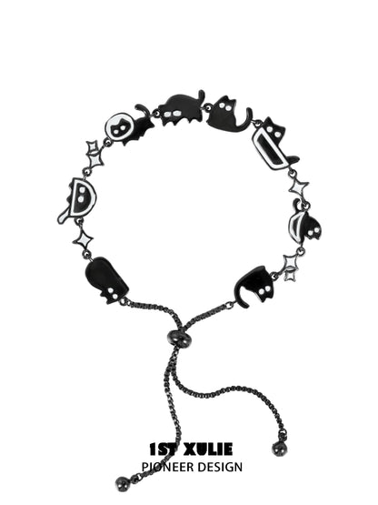 Black cat bracelet with playful cat and ghost charms for cat lovers and fashion enthusiasts