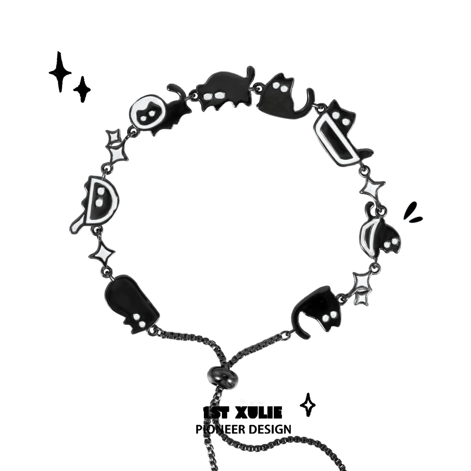 Trendy black cat bracelet featuring playful cat shapes and star designs for cat lovers