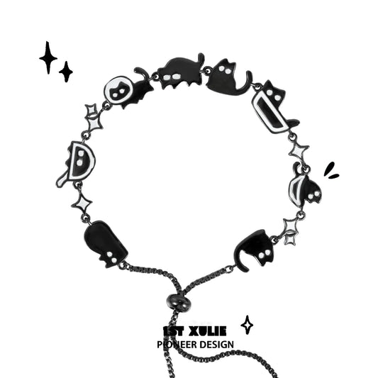 Trendy black cat bracelet featuring playful cat shapes and star designs for cat lovers