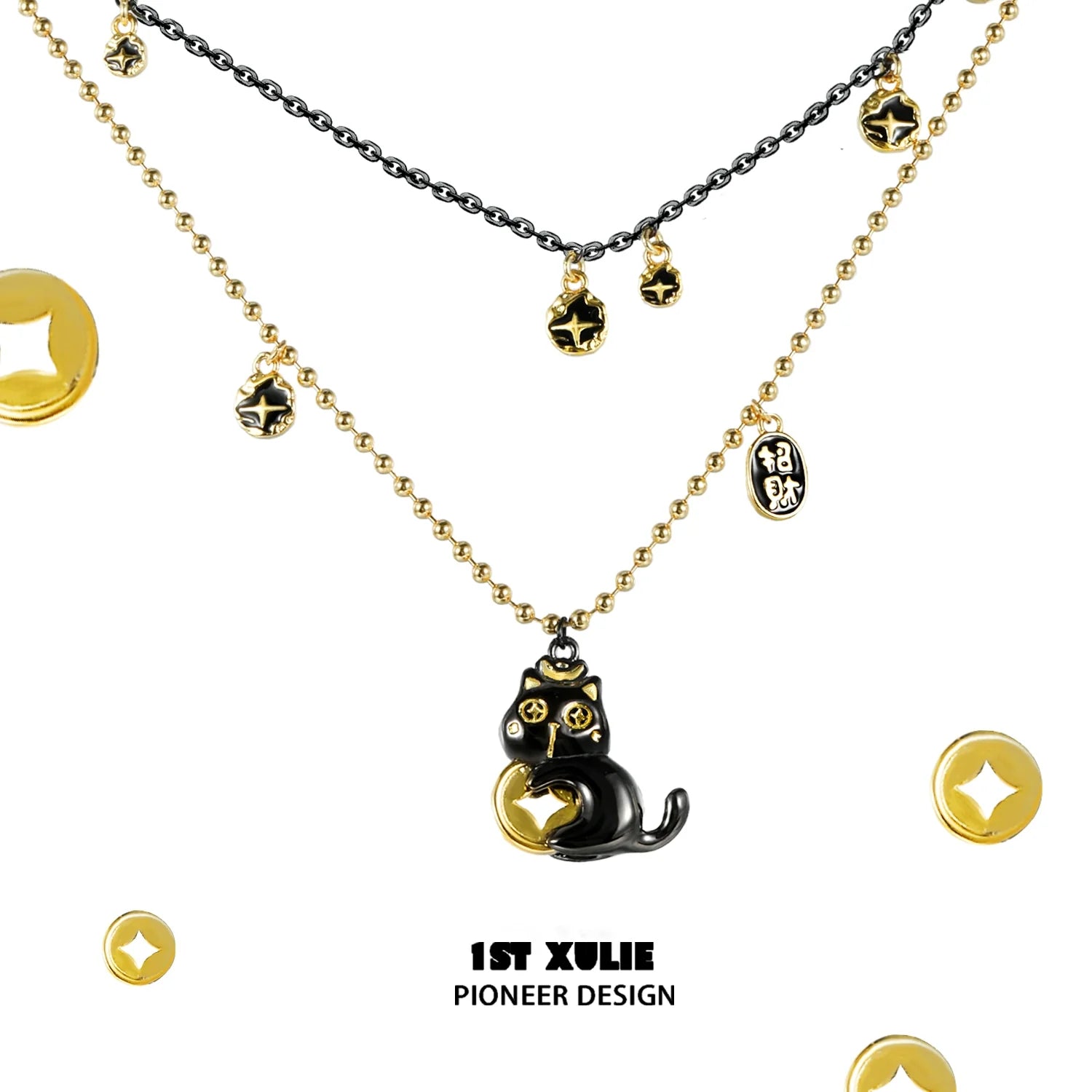 Elegant black gold cat necklace featuring a playful cat charm and star pendants for a stylish look