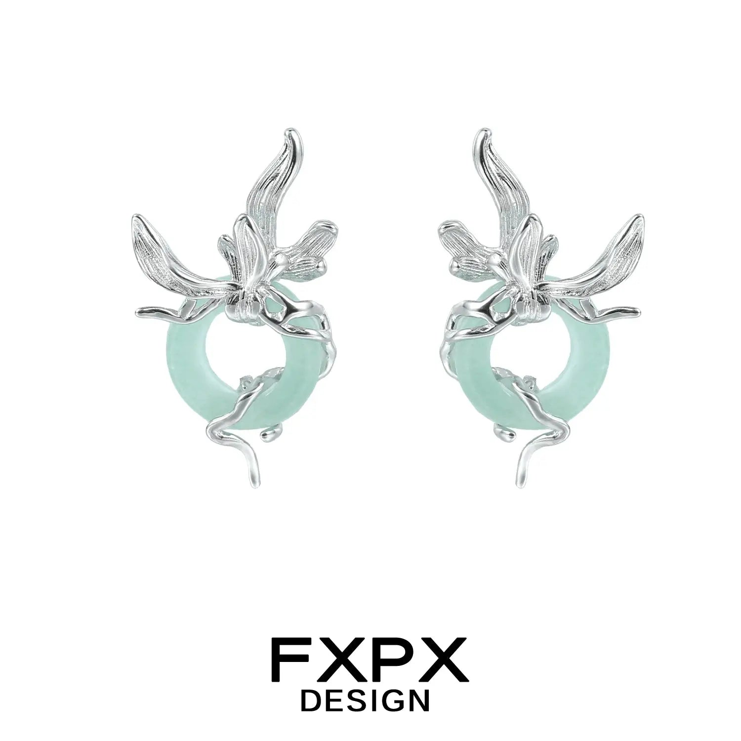 FXPX unique jade earrings for women with silver floral design and circular jade centerpiece