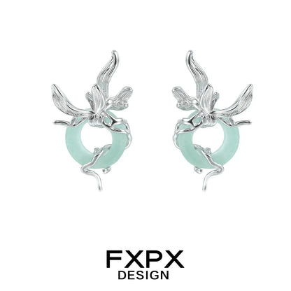 FXPX unique jade earrings for women with silver floral design and circular jade centerpiece