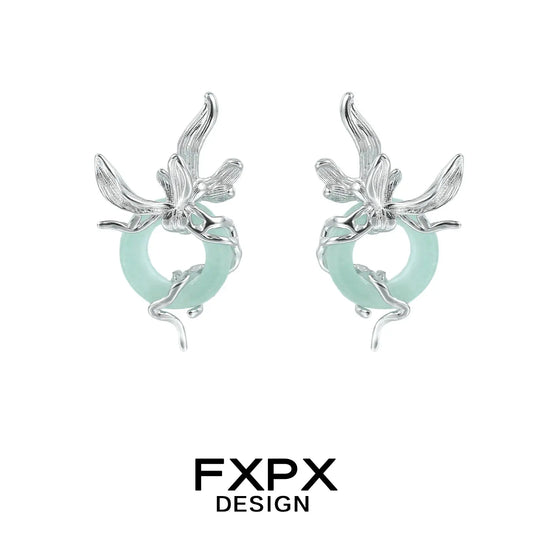 FXPX unique jade earrings for women with silver floral design and circular jade centerpiece