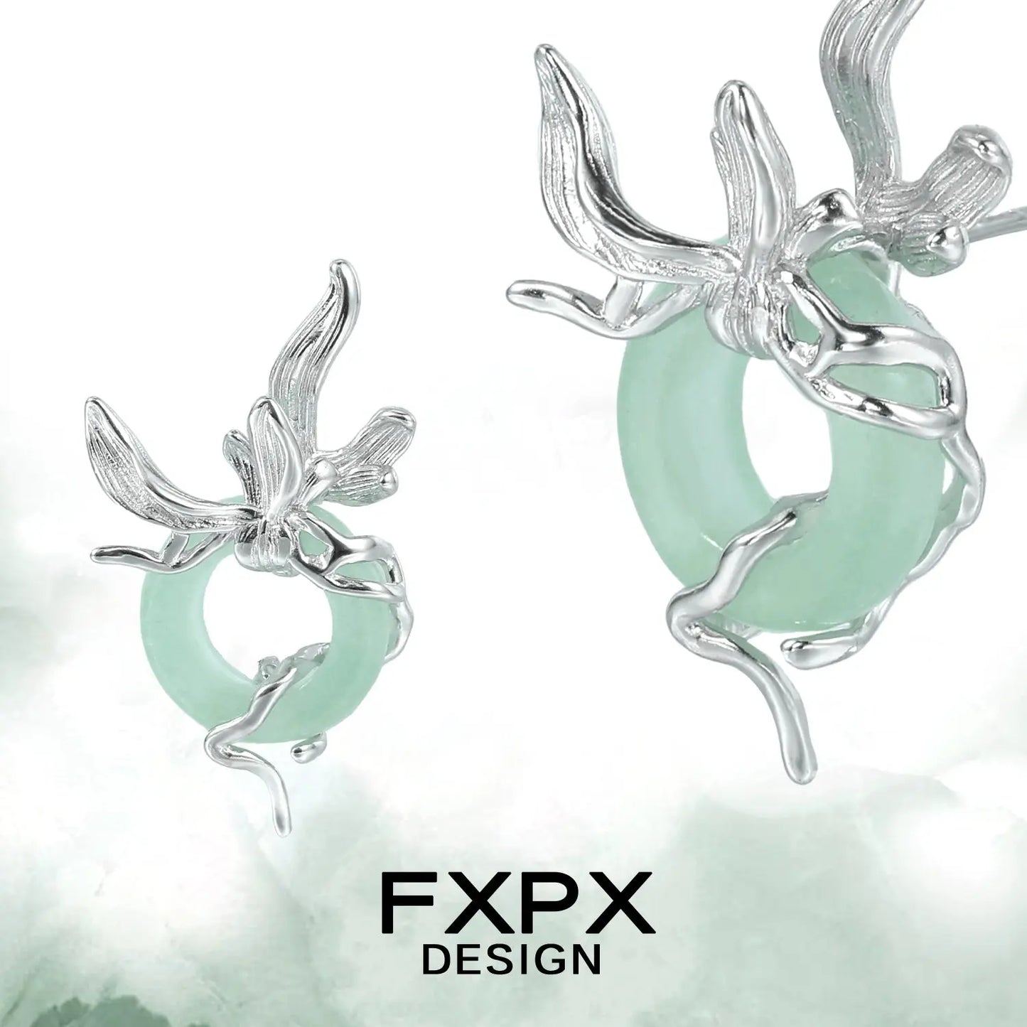Bloody Doll Jewelry FXPX unique jade earrings for women featuring silver floral design with green jade circular hoops