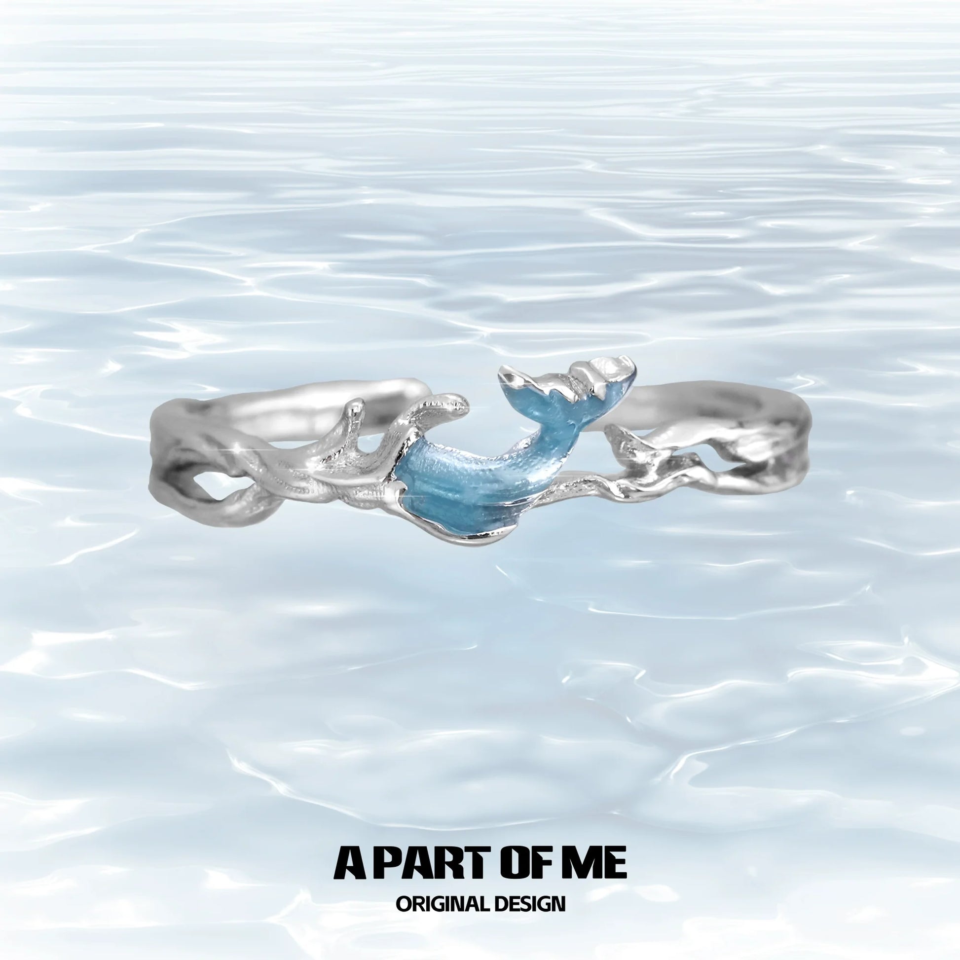 A PART OF ME blue fishtail couple rings crafted in silver with a blue accent for meaningful connections