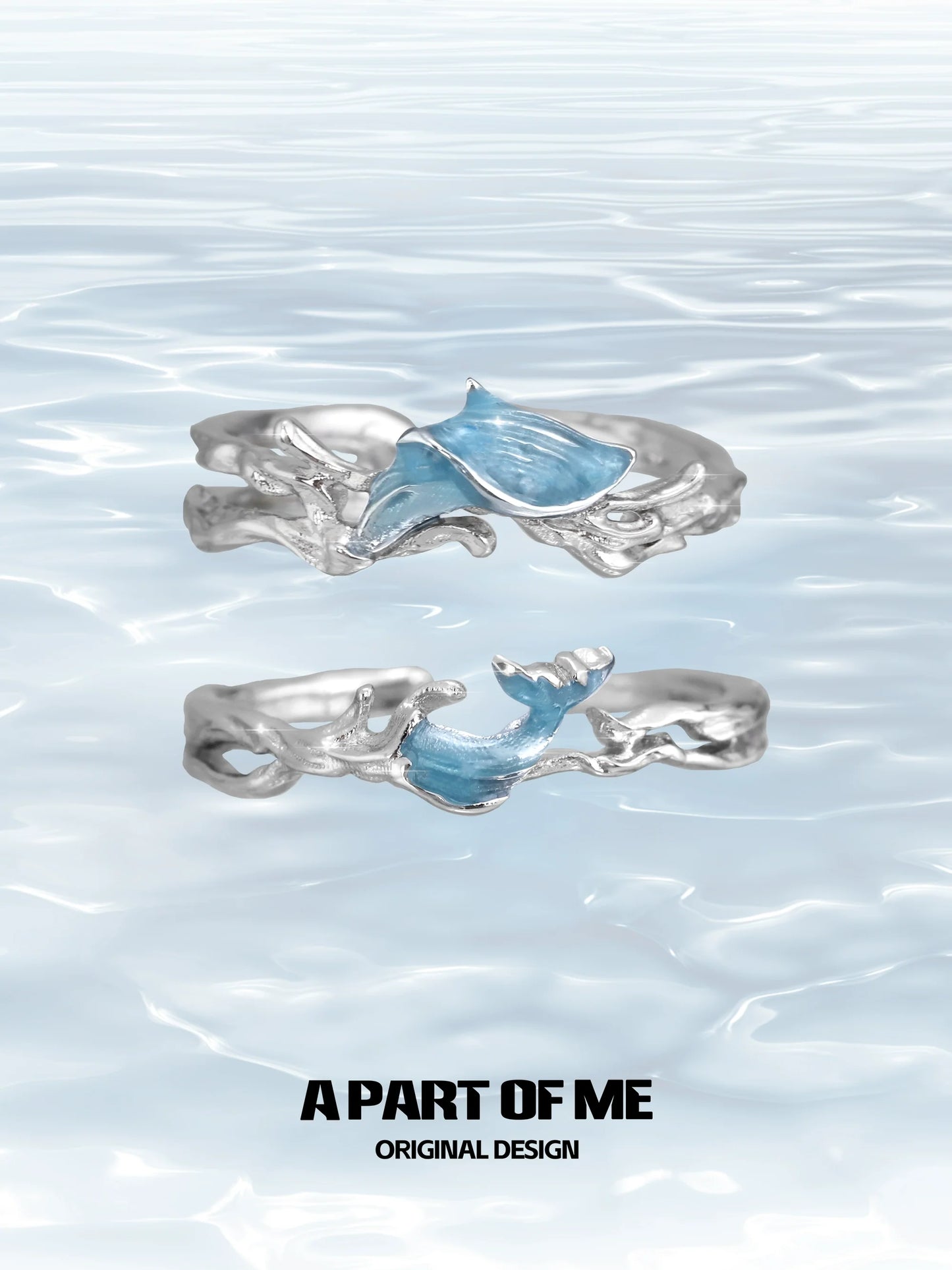 A PART OF ME blue fishtail couple rings with intricate silver design and ocean-inspired accents