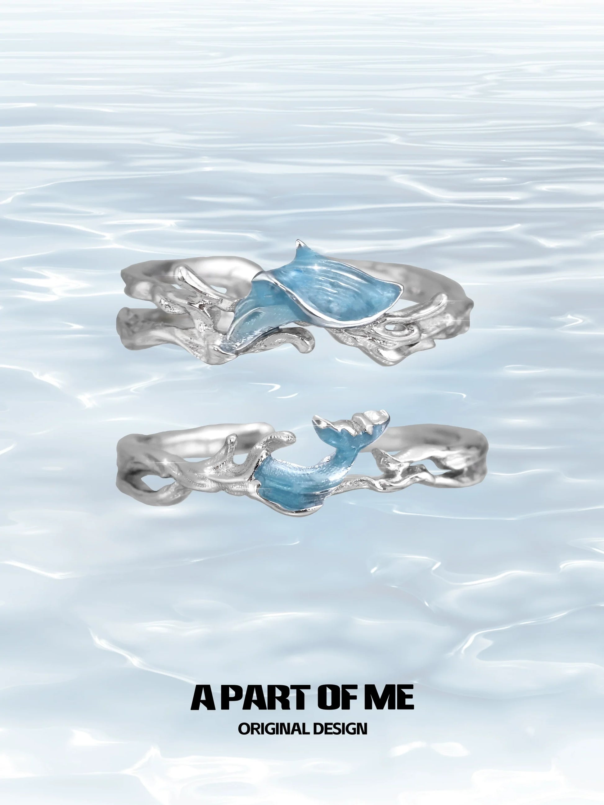 A PART OF ME blue fishtail couple rings with intricate silver design and ocean-inspired accents