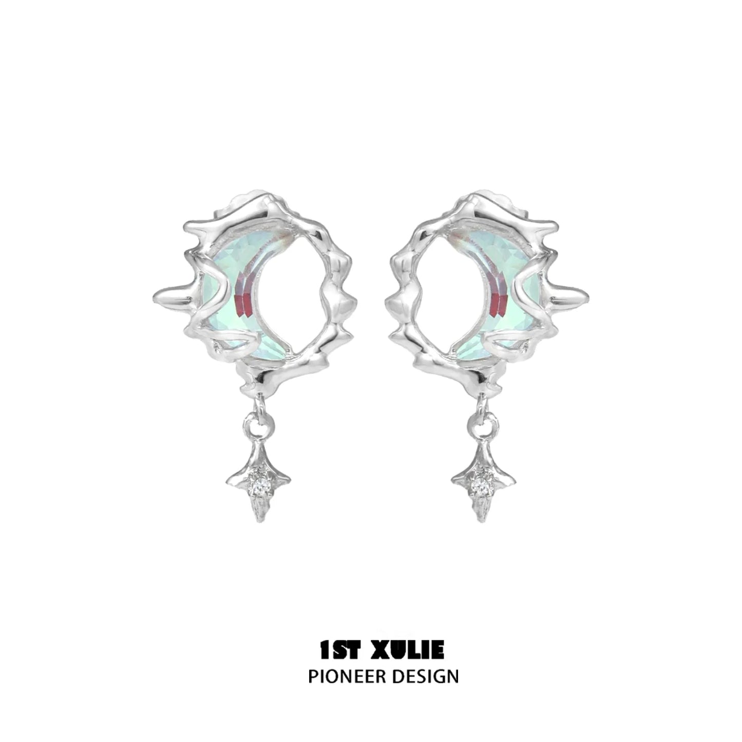 Stylish blue moon silver earrings with intricate design and sparkling details