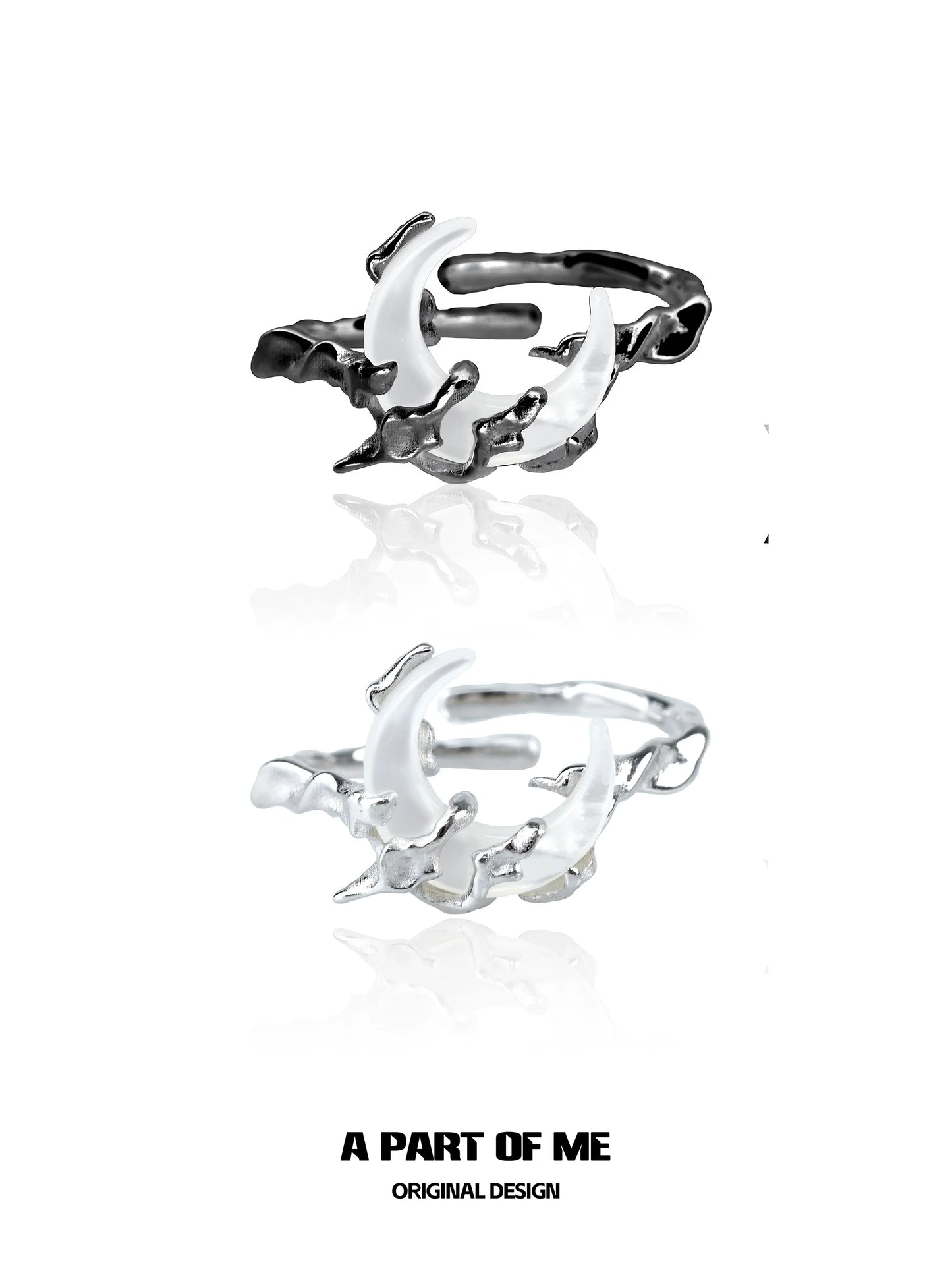 Bone orchid moon ring in silver and black with a unique organic design by A PART OF ME