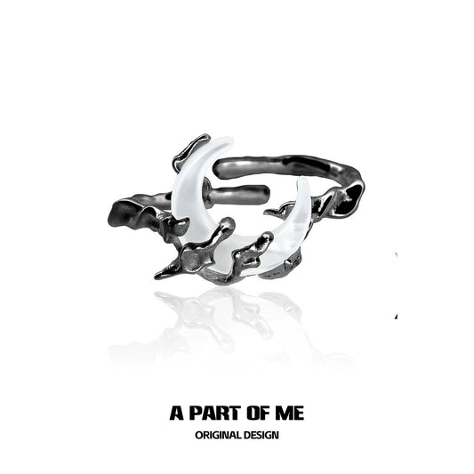 Bone orchid moon ring by A PART OF ME featuring unique organic design in black and white metal