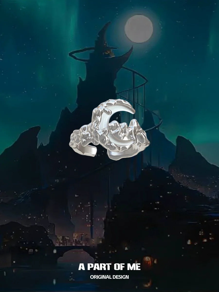 A PART OF ME bone orchid moon ring featuring intricate floral design in silver finish