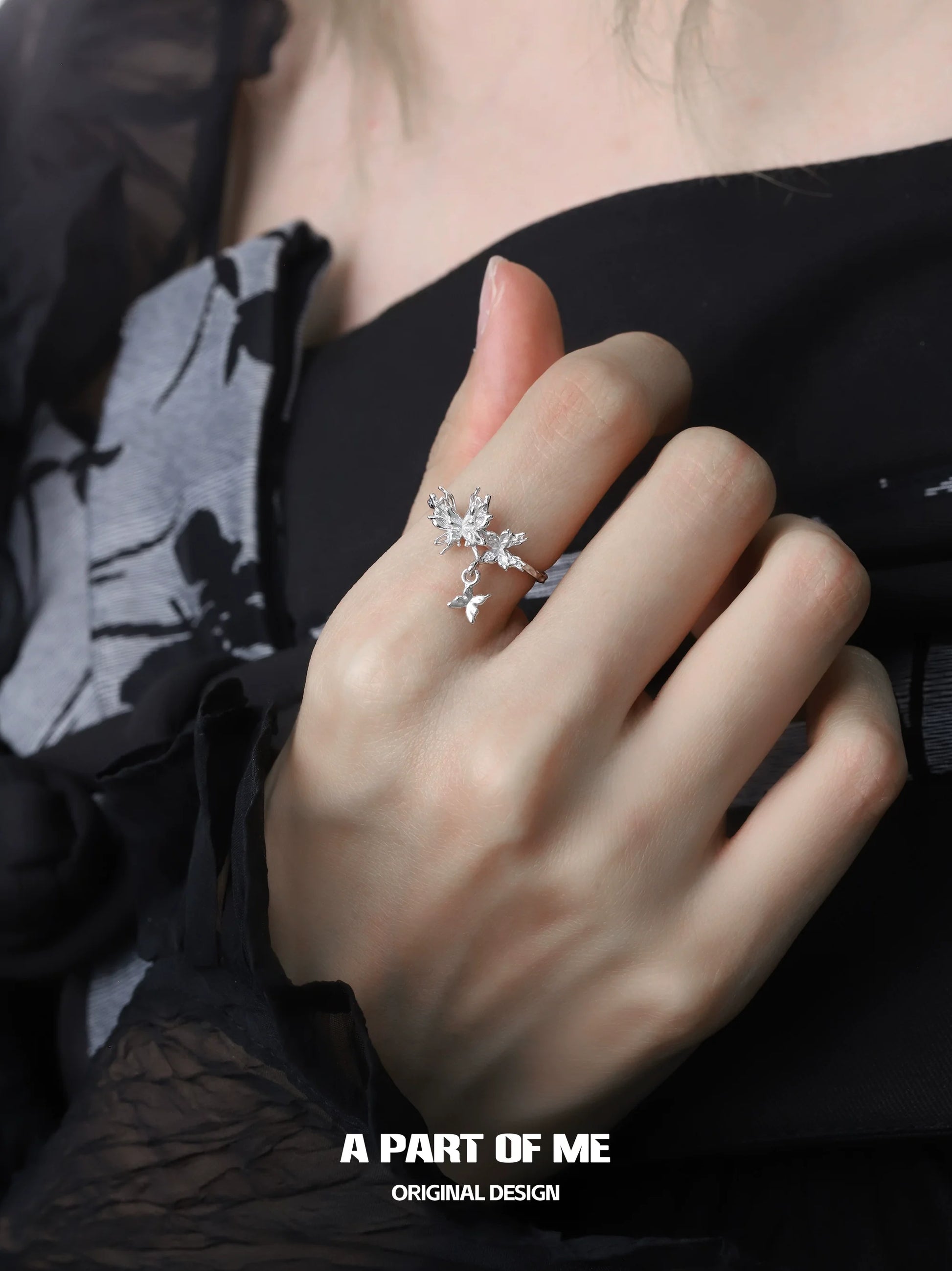 Delicate A PART OF ME butterfly charm silver ring featuring intricate floral designs for a stylish touch