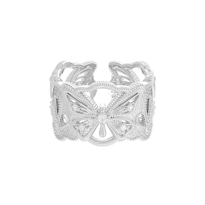 Elegant silver butterfly hollow ring featuring intricate beadwork and a unique design