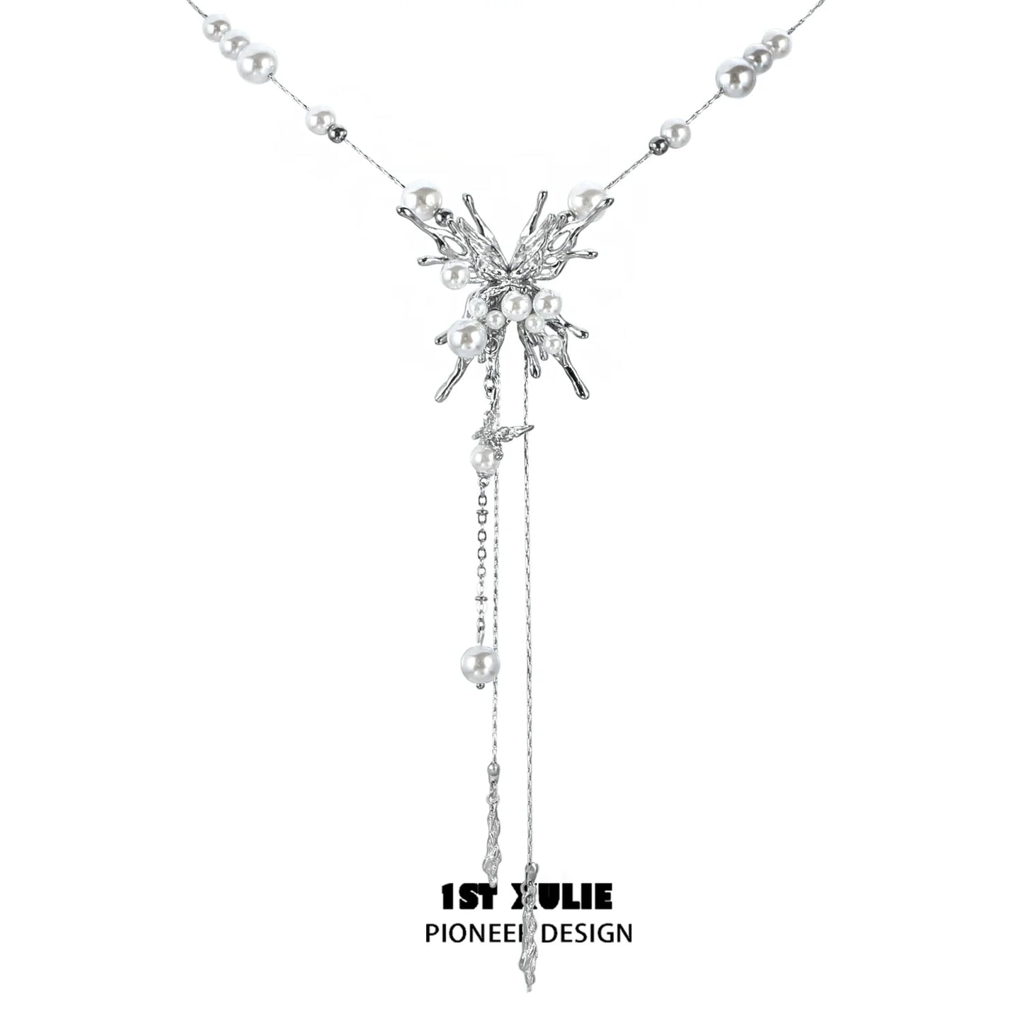Elegant silver butterfly pendant necklace with pearl accents for a stylish look