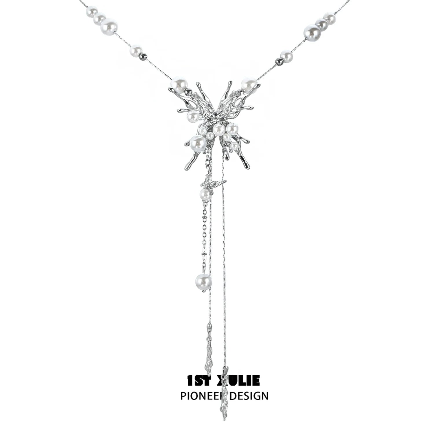 Elegant silver butterfly pendant necklace with pearl accents for a stylish look