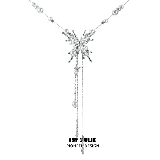 Elegant silver butterfly pendant necklace with pearl accents for a stylish look